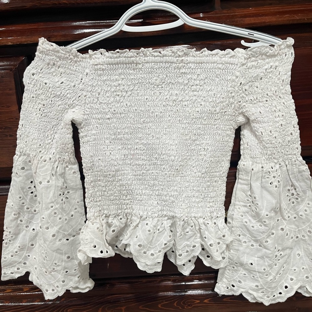 Express White Smocked Eyelet Blouse